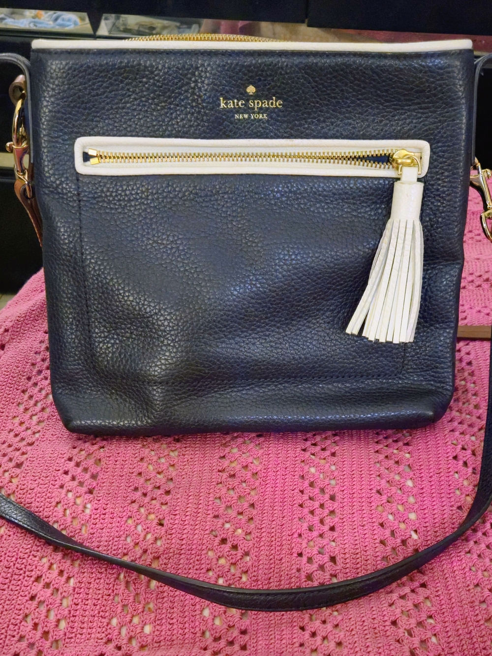 kate spade Black Leather Crossbody with White Tassel and Gold Hardware